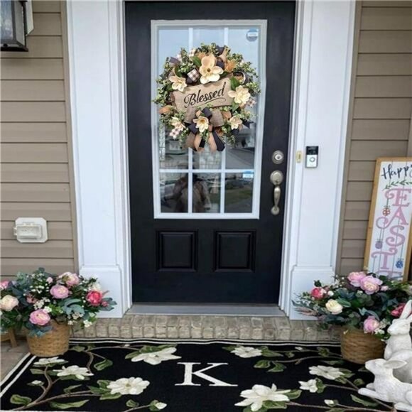 Magnolia front door wreath farmhouse decor buffalo plaid summer porch hanger - Picture 5 of 8